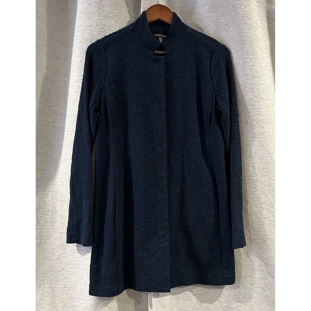 EILEEN FISHER ORGANIC COTTON & TENCEL PUCKER STAND COLLAR‎ LONG JACKET XS